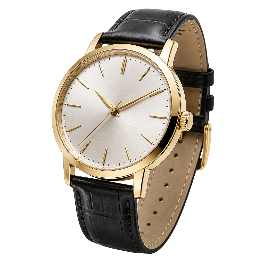 Photoreal gold wristwatch with black leather strap